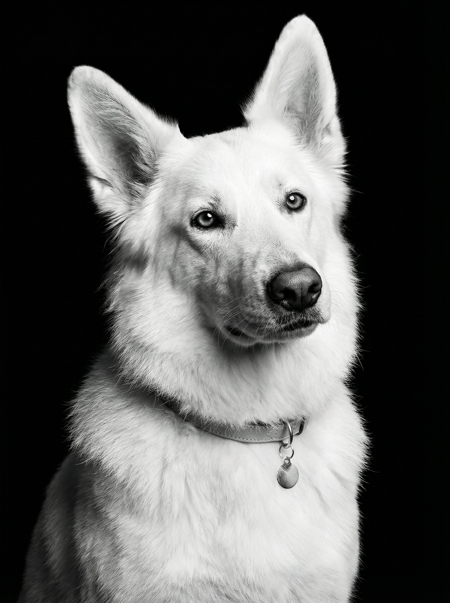 Black and white photo of a dog with a collar on a black background