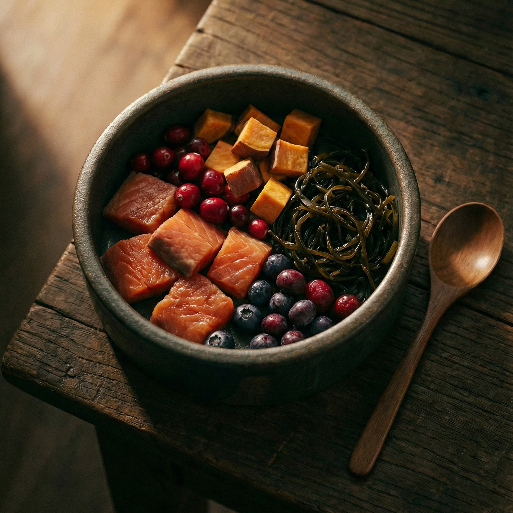 Bowl of salad with salmon, vegetables, and a wooden spoon on a wooden table