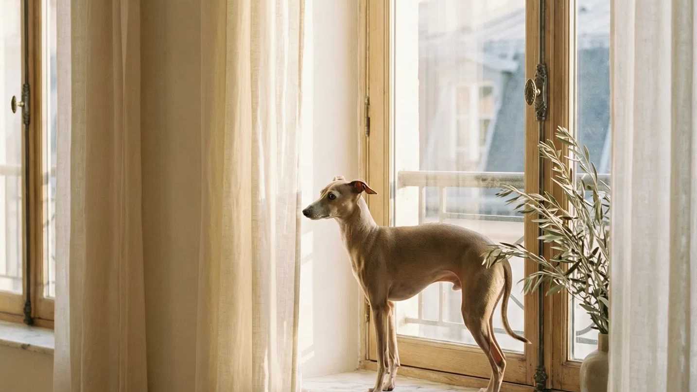 Dog standing by a window with sheer curtains and a plant