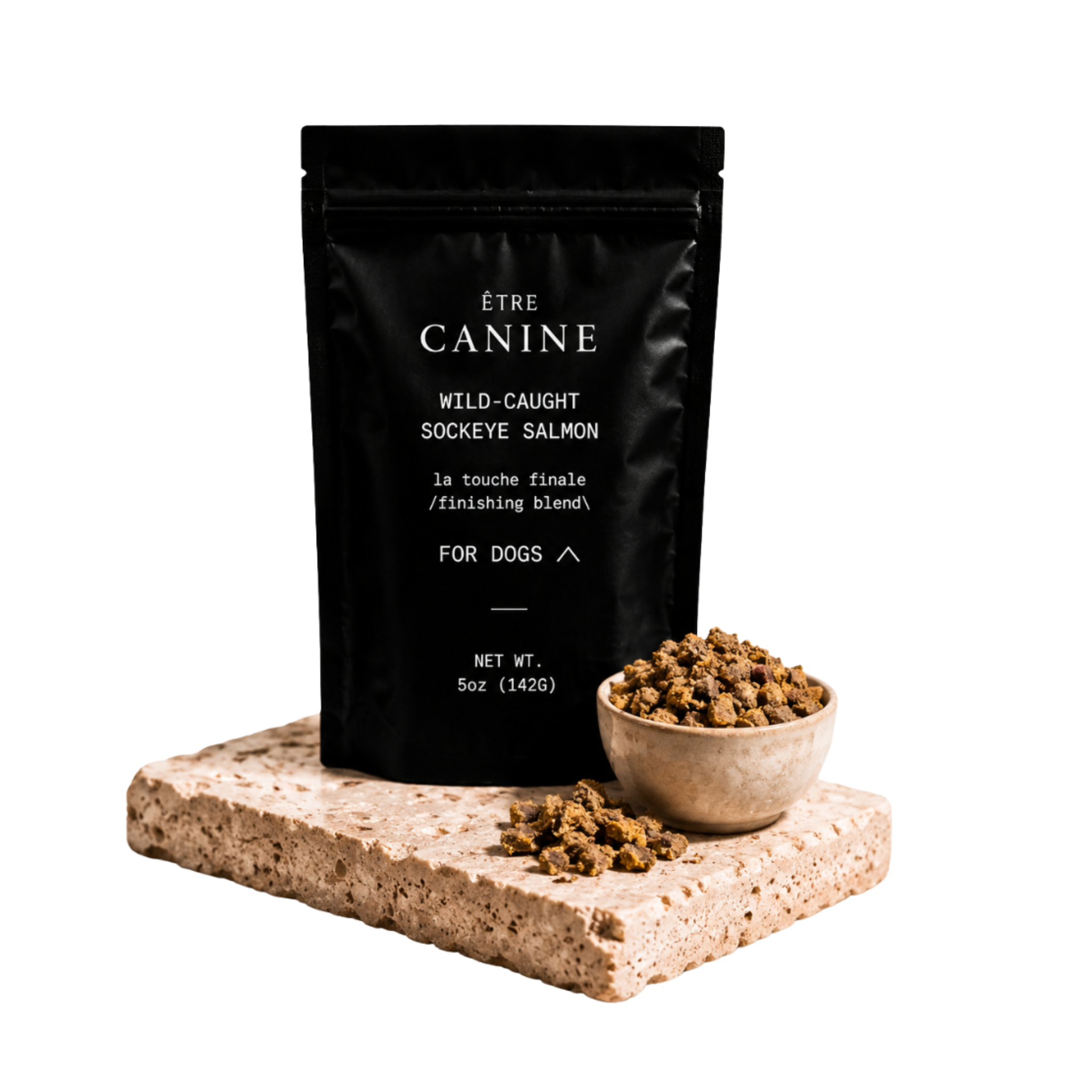 Etre Canine dog food package with a bowl of dog food on a white background